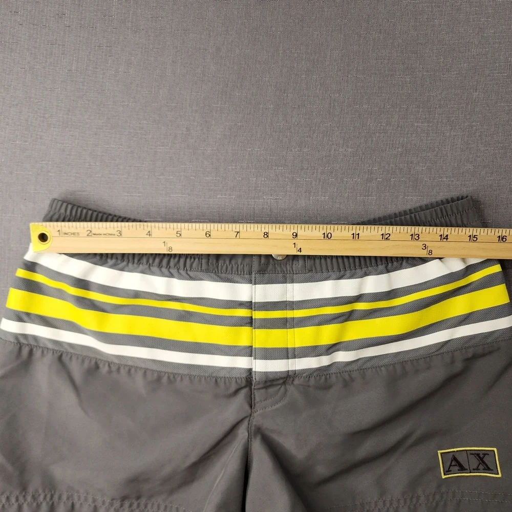 Armani Exchange Mens Gray Yellow Striped Swim Trunks Shorts Size Small AX Logo